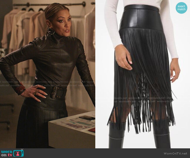 Michael Kors Plonge Leather Fringed Skirt worn by Dominique Deveraux (Michael Michele) on Dynasty