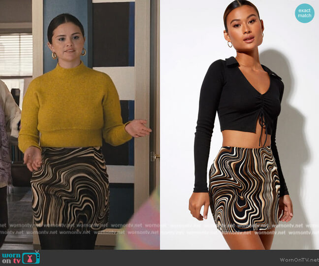 Motel Rocks Pelmo Mini Skirt in 70's Ripple worn by Mabel Mora (Selena Gomez) on Only Murders in the Building