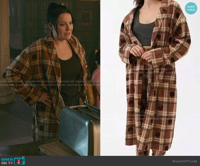 Urban Outfitters Mushroom Plaid Robe worn by Kelly Campbell (Anastasia Leddick) on Good Trouble