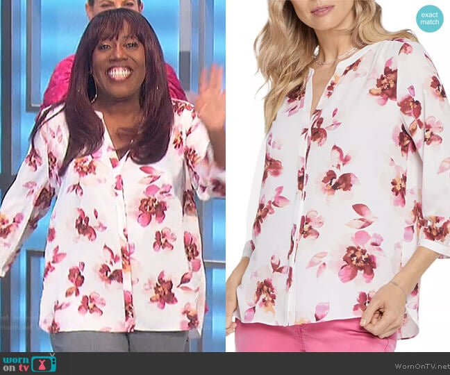 NYDJ Three Quarter Sleeve Printed Pintucked Back Blouse worn by Sheryl Underwood on The Talk