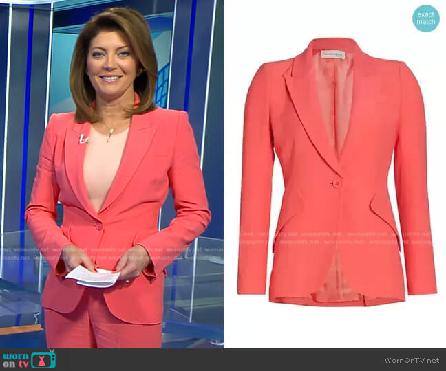Alexander McQueen One-Button Jacket in Coral worn by Norah O'Donnell on CBS Evening News