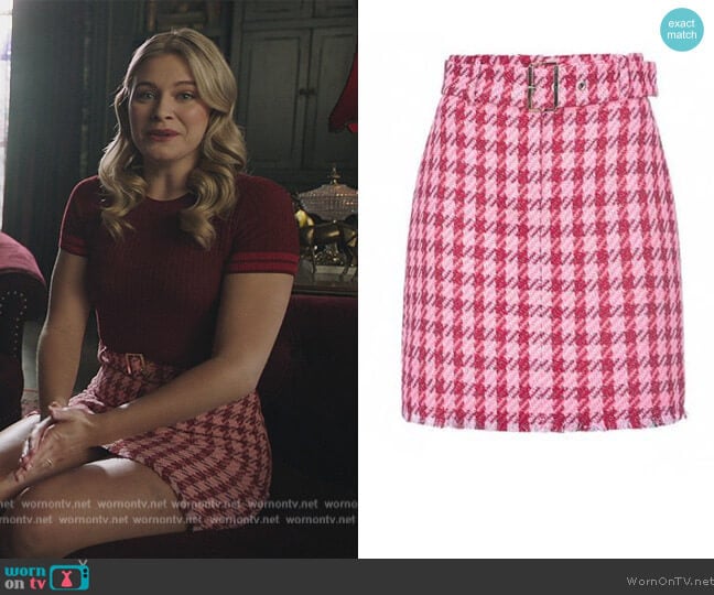 Pinko Belted Check-print Mini Skirt worn by Polly Cooper (Tiera Skovbye) on Riverdale
