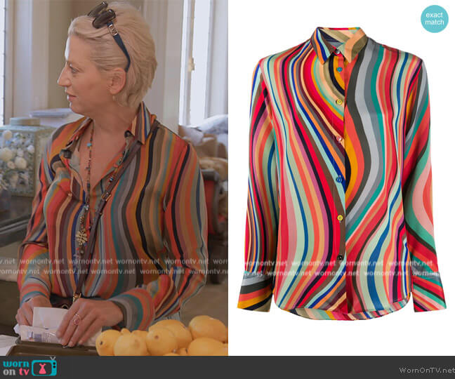 PS Paul Smith Swirl-print silk shirt worn by Dorinda Medley on The Real Housewives Ultimate Girls Trip