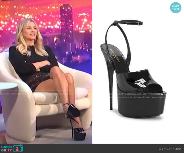 Saint Laurent Patent Calfskin Ankle-Strap Platform Sandals worn by Morgan Stewart on E! News