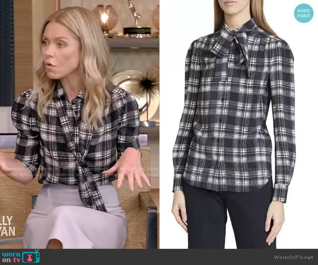 Saint Laurent Plaid Neck-Tie Silk Blouse worn by Kelly Ripa on Live with Kelly and Mark