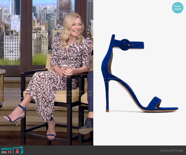 Gianvito Rossi Portofino 105 velvet sandals worn by Kelly Ripa on Live with Kelly and Mark