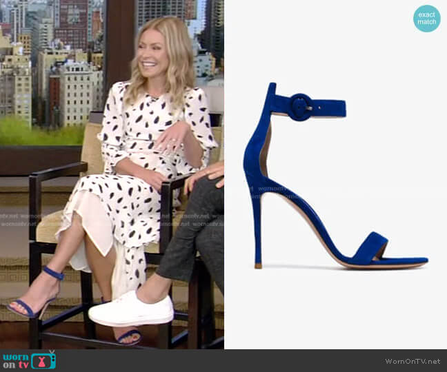 Gianvito Rossi Portofino 105 velvet sandals worn by Kelly Ripa on Live with Kelly and Mark
