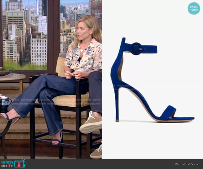 Gianvito Rossi Portofino 105 velvet sandals worn by Kelly Ripa on Live with Kelly and Mark
