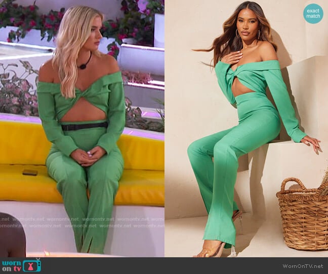 Pretty Little Thing Green Bardot Twist Front Split Hem Jumpsuit worn by Deb Chubb on Love Island USA