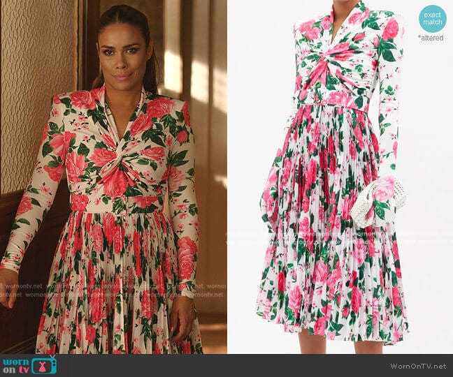 Richard Quinn Twisted Floral-Print Jersey Dress worn by Cristal Jennings (Daniella Alonso) on Dynasty