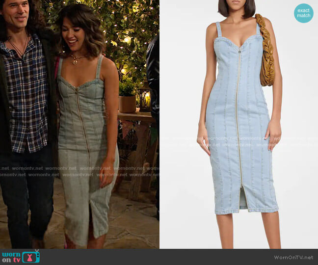 Rotate Birger Christensen Kayla denim midi dress worn by Louise (Nichole Sakura) on Maggie