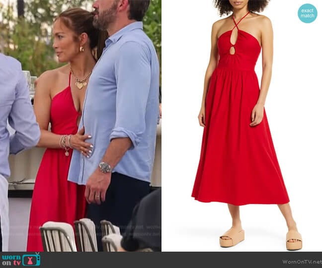 Reformation Stassie Halter Neck Dress worn by Jennifer Lopez on Extra