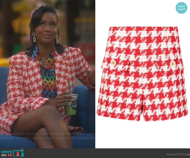 Sandro Houndstooth high-waist shorts worn by Annika (Justine Skye) on Grown-ish