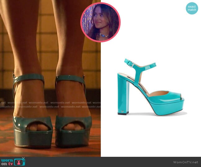 Sergio Rossi Sr Milano 90 Patent-leather Platform Sandals In Turquoise worn by Noa Olivar (Maia Reficco) on Pretty Little Liars Original Sin