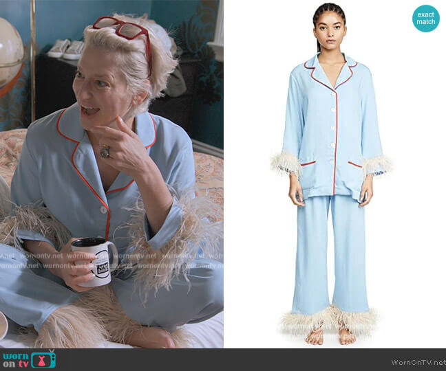 Sleeper Blue PJ Set With Feathers worn by Dorinda Medley on The Real Housewives Ultimate Girls Trip