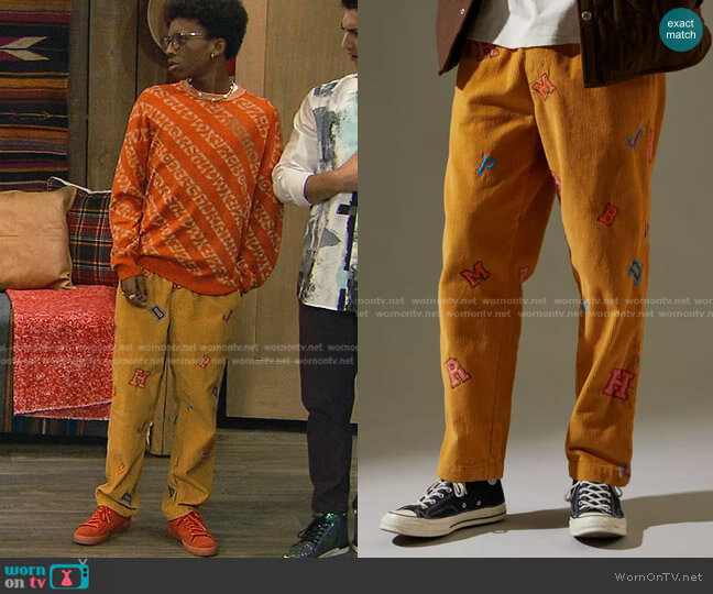Urban Outfitters Embroidered Varsity Letter Corduroy Beach Pant worn by Noah Lambert (Israel Johnson) on Bunkd