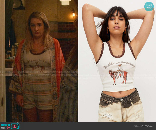 Urban Outfitters Buckle Up Buttercup Lace Trim Tank Top worn by Davia (Emma Hunton) on Good Trouble