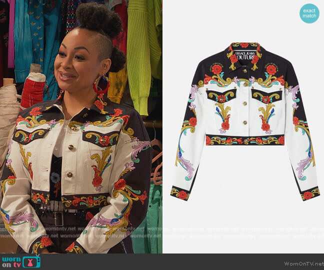 Versace Sun Flower Garland Denim Jacket worn by Raven Baxter (Raven-Symoné) on Ravens Home