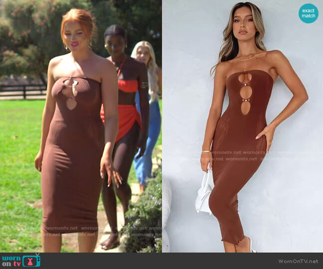 White Fox Your Peace Midi Dress in Chocolate worn by Sydney Paight on Love Island USA