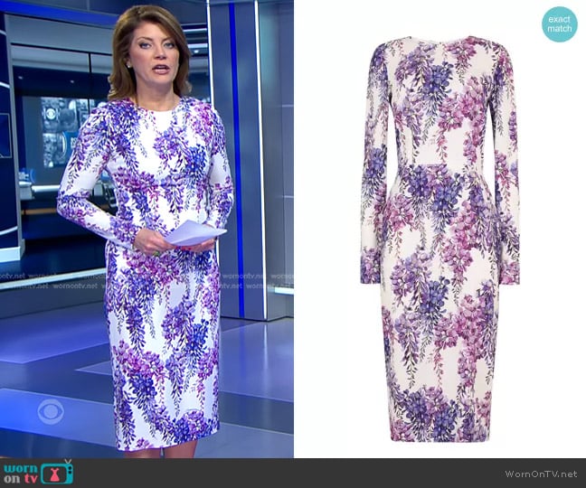 Dolce & Gabbana Wisteria-Print Long-Sleeved Crepe Dress worn by Norah O'Donnell on CBS Evening News