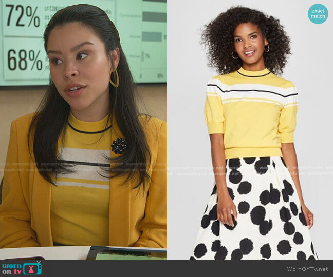 Who What Wear Striped Short Puff Sleeve Sweater worn by Mariana Foster (Cierra Ramirez) on Good Trouble