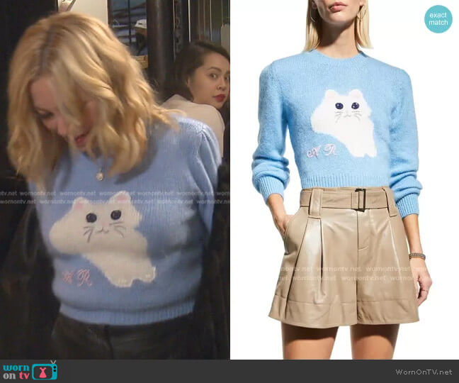 Alessandra Rich Wool Cropped Sweater with Cat Intarsia worn by Sutton Stracke on The Real Housewives of Beverly Hills