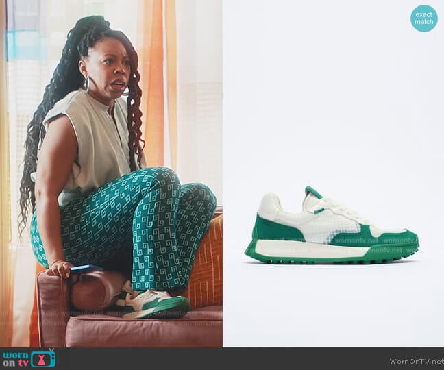 Zara White and Green Sneakers worn by Malika (Toccarra Cash) on Everythings Trash
