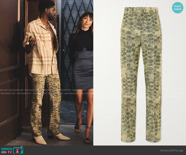 Acne Studios Slim-Fit Crocodile-Jacquard Trousers worn by Tom Swift (Tian Richards) on Tom Swift
