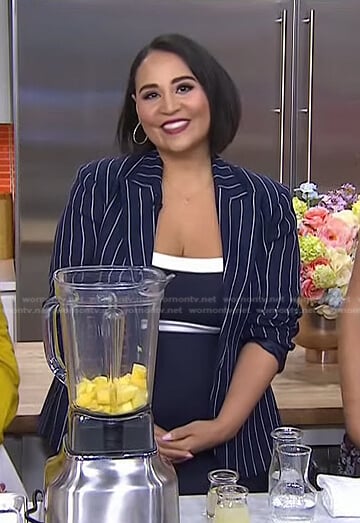 Alejandra’s navy contrast trim dress and striped blazer on Today