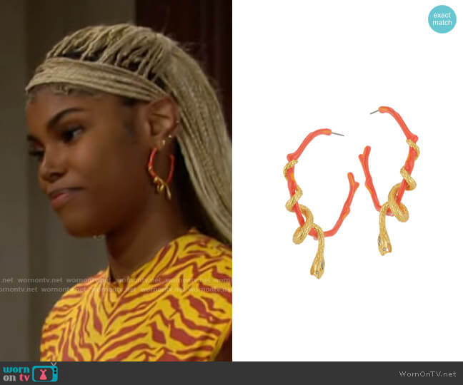 Alexis Bittar Aquatic Dreams 14K Goldplated, Enamel & Crystal Snake Hoop Earrings worn by Paris Buckingham (Diamond White) on The Bold and the Beautiful