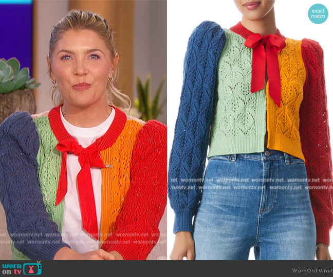 Alice + Olivia Colorblock Open Stitch Tie Neck Cardigan worn by Amanda Kloots on The Talk