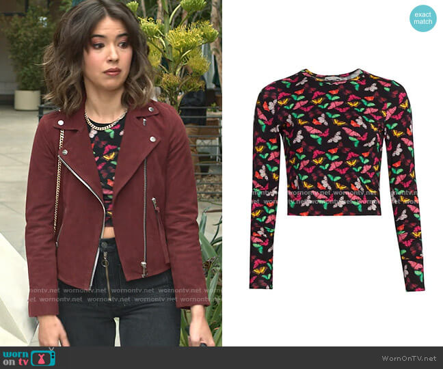 Alice + Olivia Delaina Butterfly Crop Top worn by Louise (Nichole Sakura) on Maggie