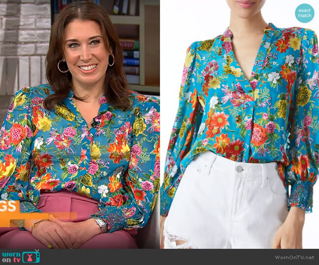 Alice + Olivia Sheila Blouse in Summer Bliss worn by Sarah Gelman on CBS Mornings