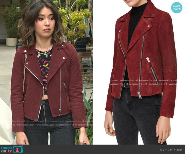 All Saints Dalby Suede Biker Jacket worn by Louise (Nichole Sakura) on Maggie