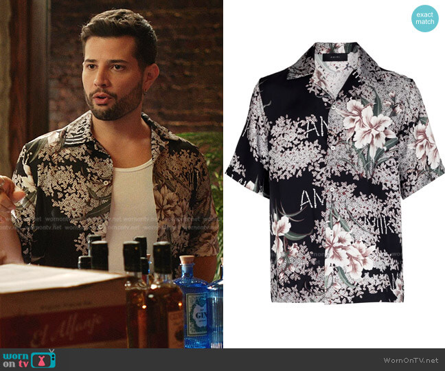 Amiri Hibiscus Tiki Bowling Shirt worn by Sam Flores (Rafael de la Fuente) on Dynasty