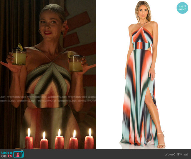 Amur Janet Gown in Auburn Vintage Stripe worn by Isobel Evans-Bracken (Lily Cowles) on Roswell New Mexico