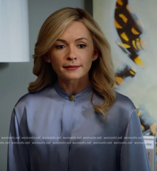 Amy’s blue button collar satin blouse on All Rise