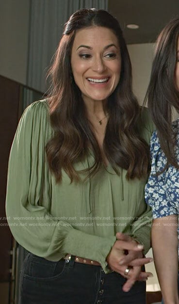 Amy’s green blouse with smocked cuffs on Maggie