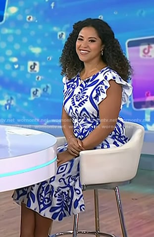 Arianna Davis’s blue and white printed ruffle dress on Today
