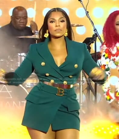 Ashanti’s green blazer and belted mini skirt on Good Morning America