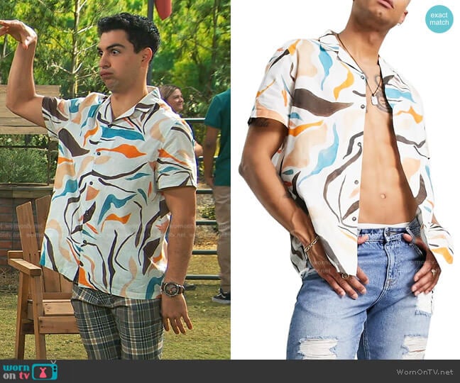 Asos Relaxed Fit Abstract Print Short Sleeve Cotton & Linen Button-Up Shirt worn by Parker Preston (Trevor Tordjman) on Bunkd