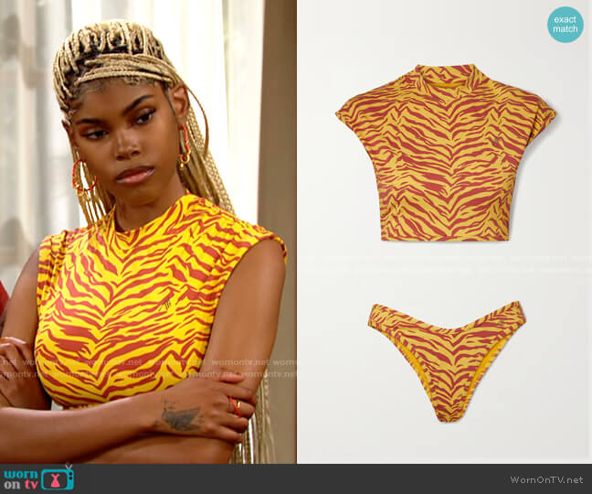 The Attico Crystal-embellished animal-print bikini worn by Paris Buckingham (Diamond White) on The Bold and the Beautiful