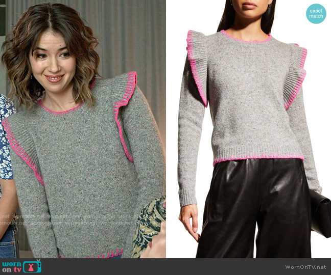 Autumn Cashmere Cashmere Ruffle Blanket-Stitch Sweater in Tutti Fruitti Atom worn by Louise (Nichole Sakura) on Maggie