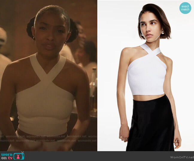 Babaton Sculpt Knit Criss Cross Cropped Tank worn by Zoey Johnson (Yara Shahidi) on Grown-ish
