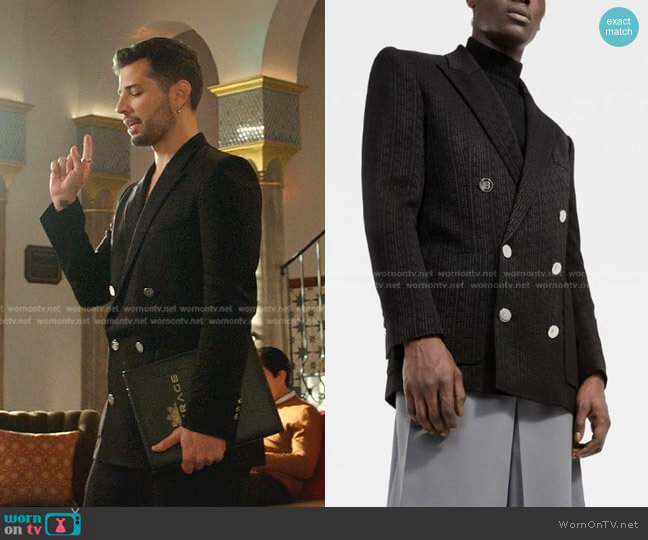 Balmain Monogram-Pattern Double Breasted Blazer worn by Sam Flores (Rafael de la Fuente) on Dynasty