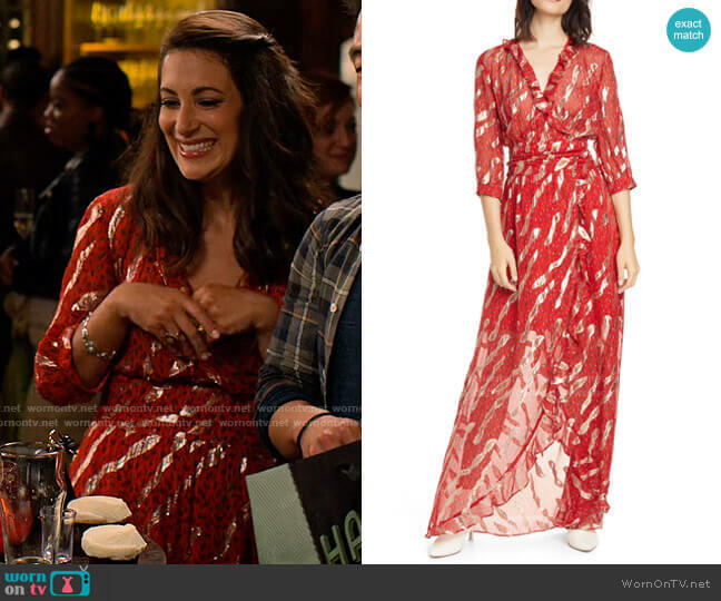 Ba&sh Hali Metallic Print Silk Blend Maxi Dress worn by Amy (Angelique Cabral) on Maggie