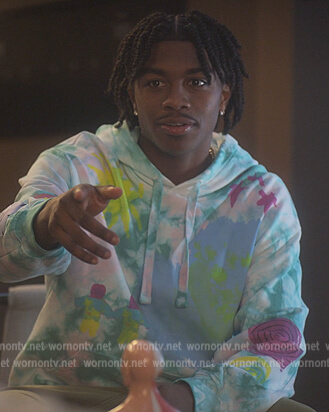 Zeke’s blue tie dye hoodie on Grown-ish