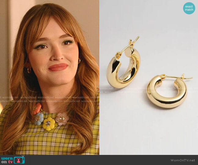 Bonheur Holly Small Gold Chunky Hoop Earrings worn by Kirby Anders (Maddison Brown) on Dynasty