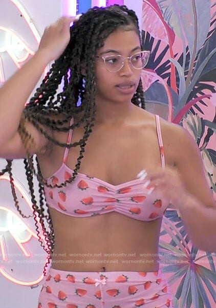 Bria’s strawberry print bralette pajamas on Love Island USA