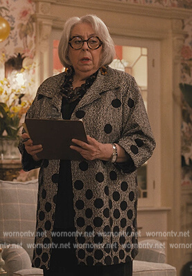 Bunny’s gray polka dot coat on Only Murders in the Building